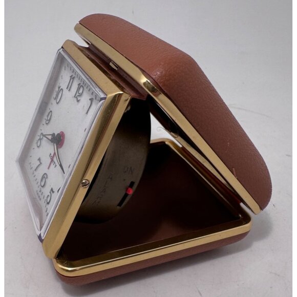 Vintage Equity Travel Alarm Clock Gold-Tone Case Brown Faux Leather Cover Fold U - Picture 2 of 9